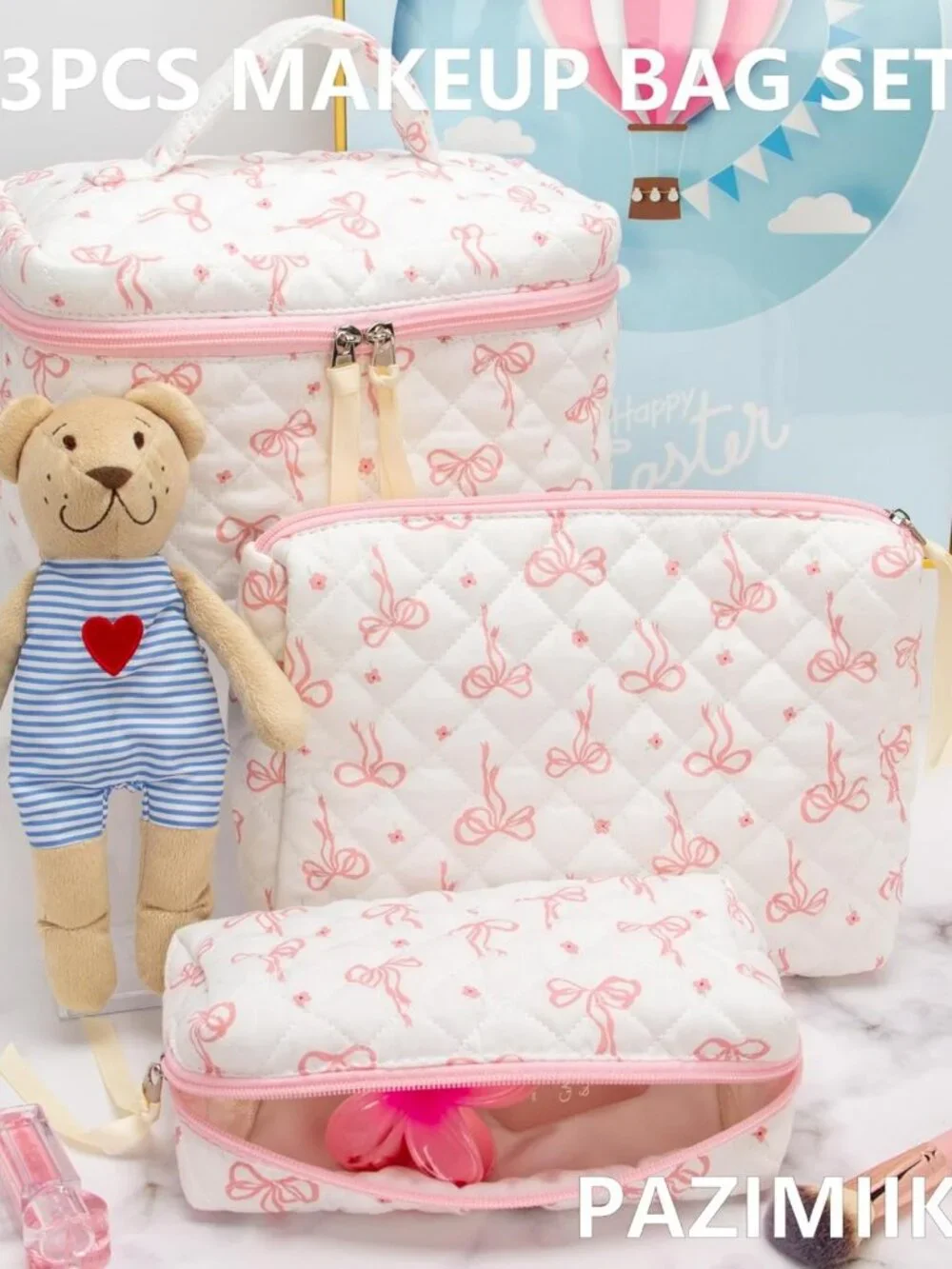 3 Piece Quilted Makeup Bag Set - Cute Zipper Organizer for Cosmetics, Toiletries